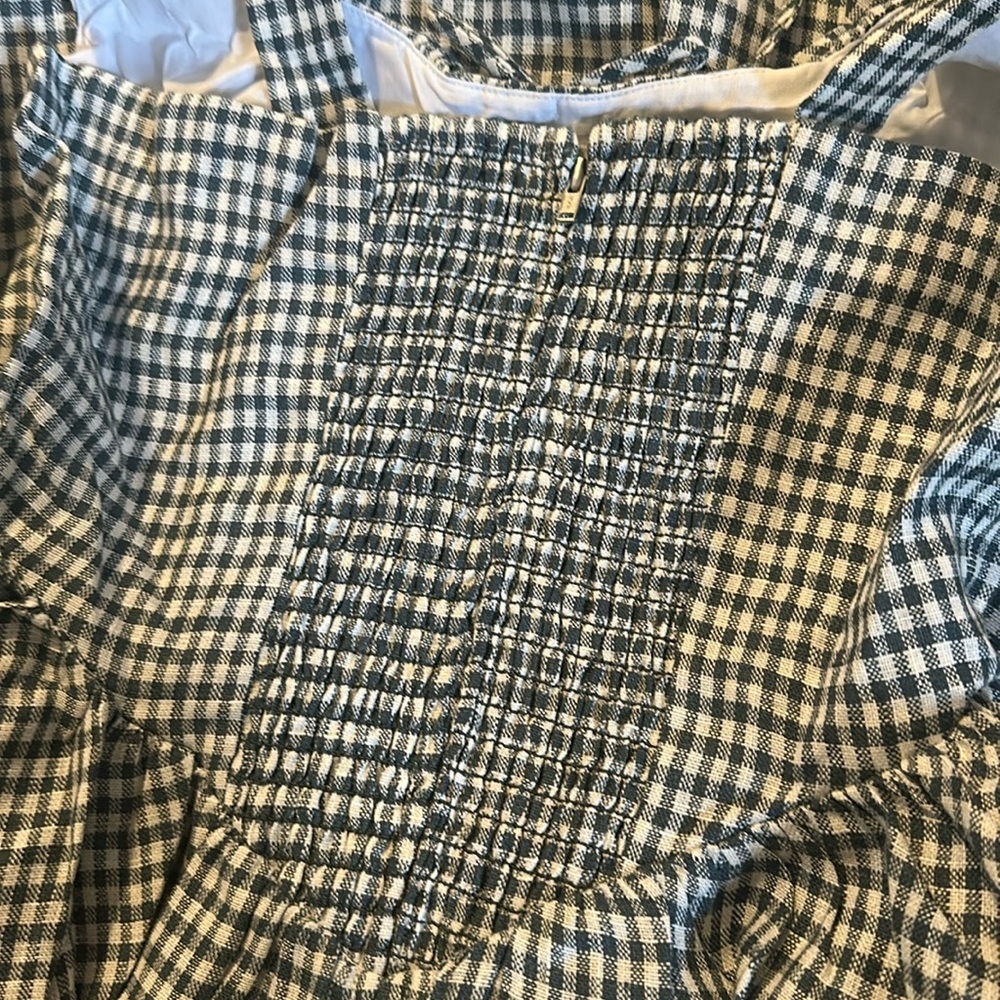 NEW Reformation Balia Midi Linen Dress Slate Check Plaid Navy White | US 2 UK 4 - Picture 12 of 15